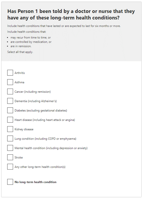 Has the person been told by a doctor or nurse that they have any of these long-term health conditions?