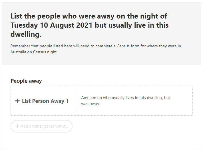List the people who were away on the night of Tuesday 10 August 2021 but usually live in this dwelling.