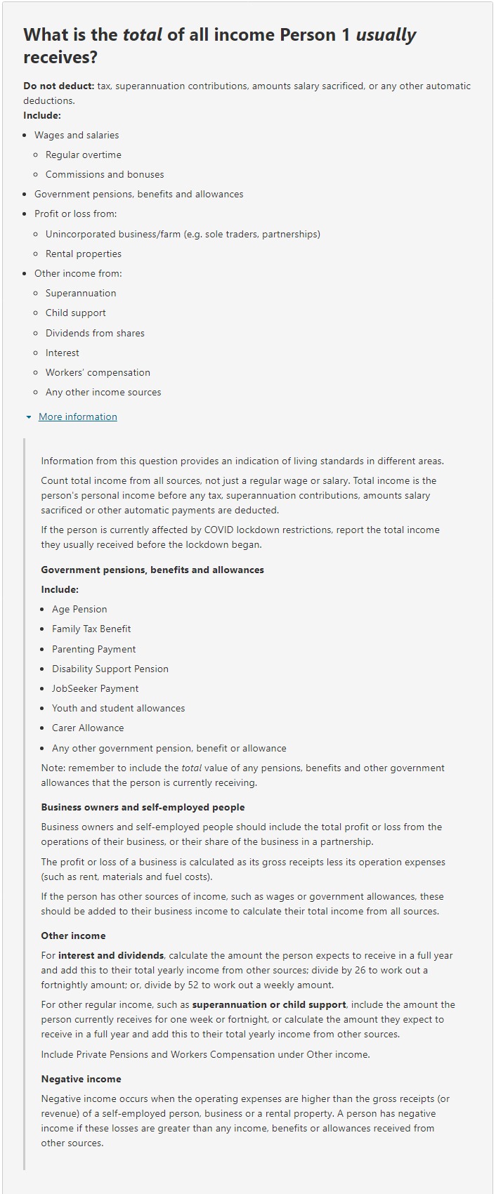 Additional information relating to the question on: What is the total of all income the person usually receives?